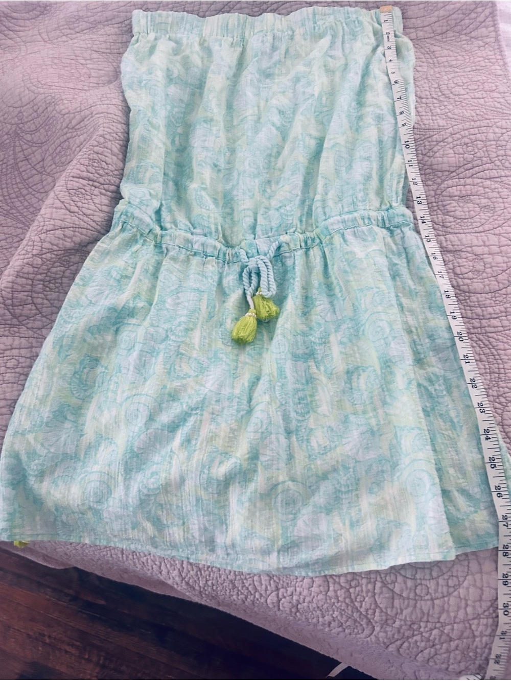 Vineyard Vines Light Aqua Strapless Mini Dress with Lime Tassels